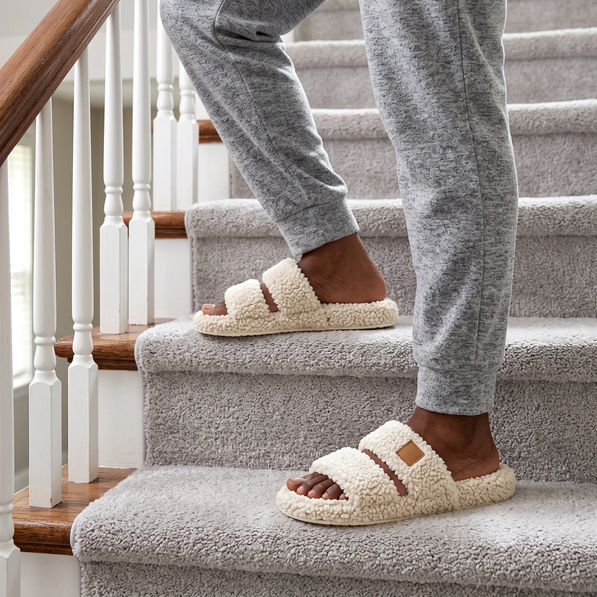 Walking up carpeted stairs in Cream fuzzy two-strap slides