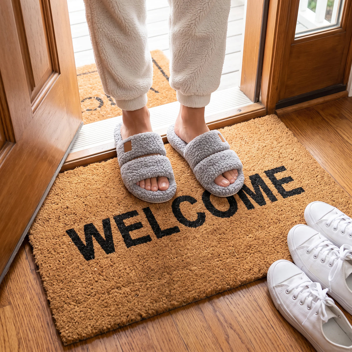 Standing on a WELCOME doormat at the front door in Gray fuzzy two-strap slides