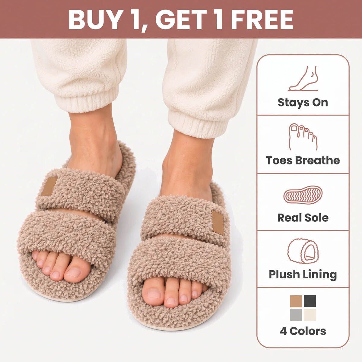 Buy 1, get 1 free: Coffee fuzzy two-strap slides with key features: stays on, toes breathe, real sole, plush lining, 4 colors