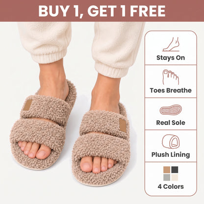 Buy 1, get 1 free: Coffee fuzzy two-strap slides with key features: stays on, toes breathe, real sole, plush lining, 4 colors