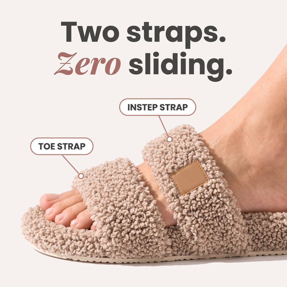 Two straps, zero sliding: side close-up of the toe strap and the instep strap