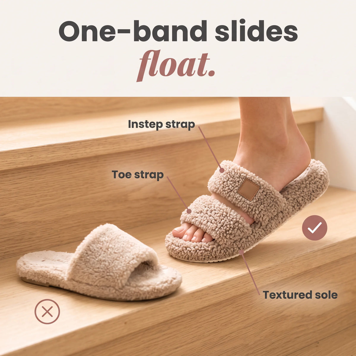 One-band slides float: a one-band slide left behind on the stair next to the two-strap slide