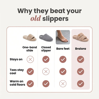 Comparison of one-band slides, closed slippers and bare feet with Bralora two-strap slides