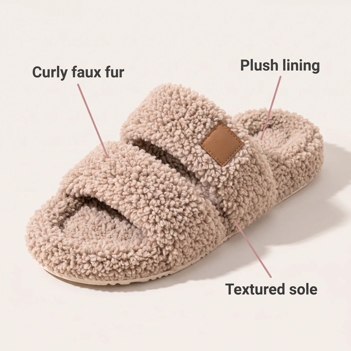 Close-up of the curly faux fur, plush lining and textured sole
