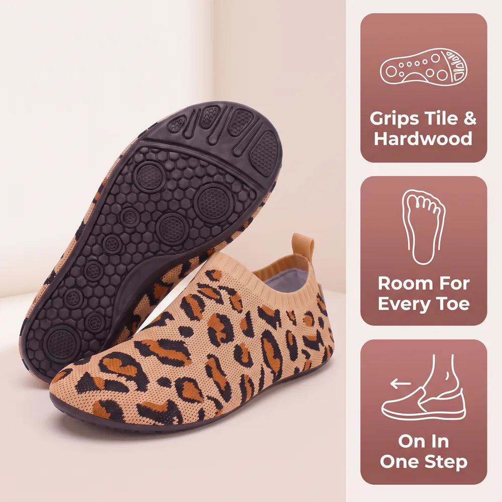 Grips tile and hardwood, room for every toe, on in one step