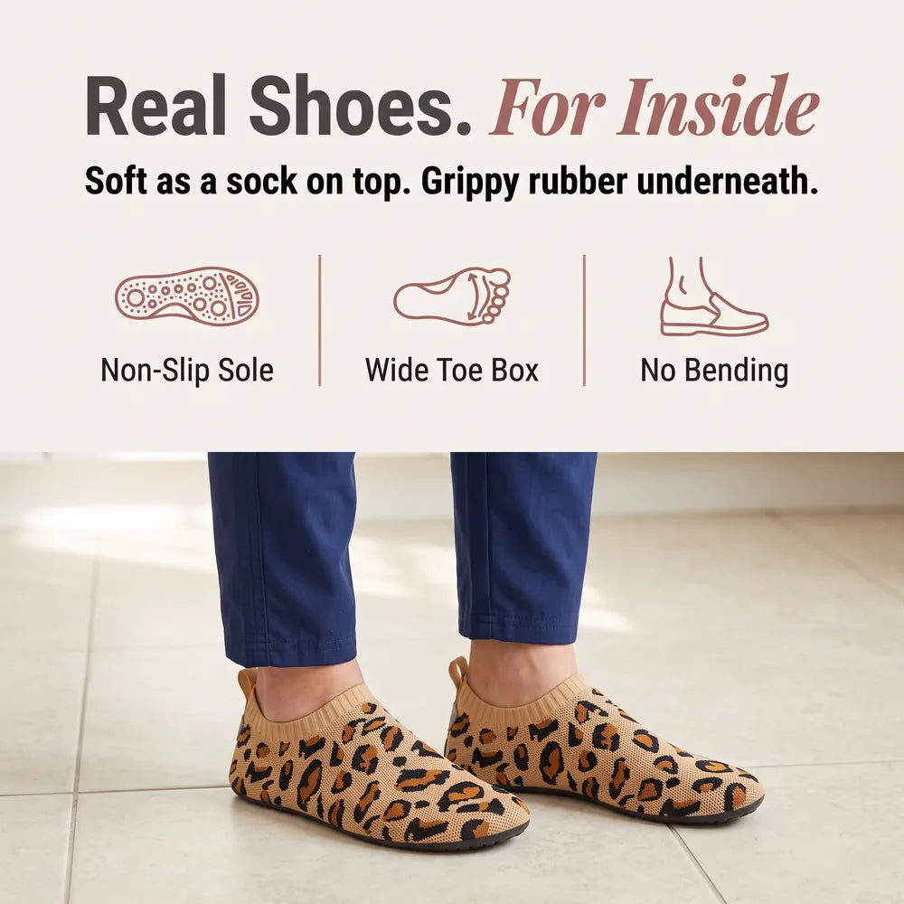 Real shoes for inside: non-slip sole, wide toe box, no bending