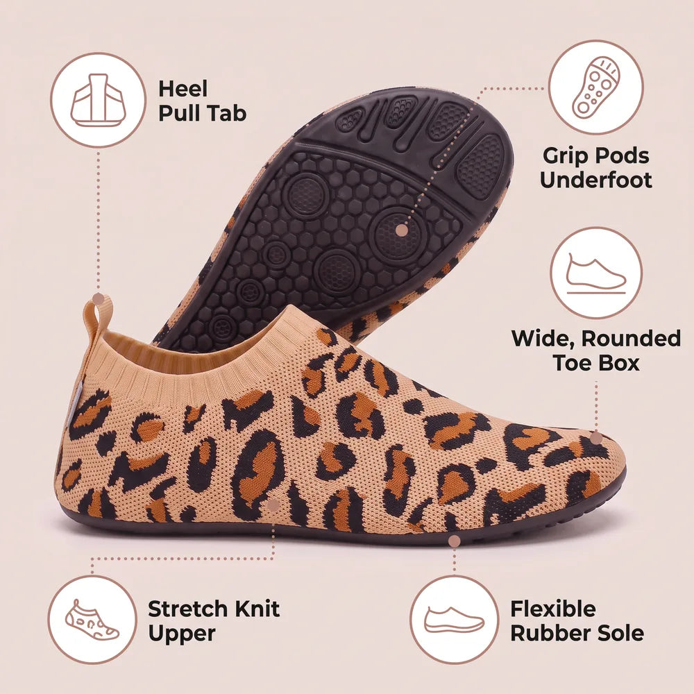 Anatomy of the Cloud Sock Shoe: knit upper, heel tab, toe box, grip pods, rubber sole