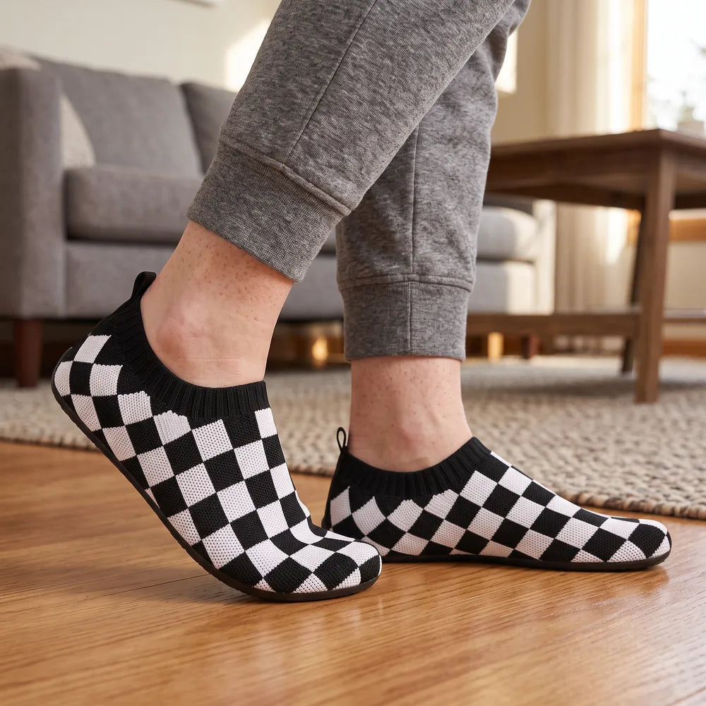 Cloud Sock Shoes in Checkered worn in the living room
