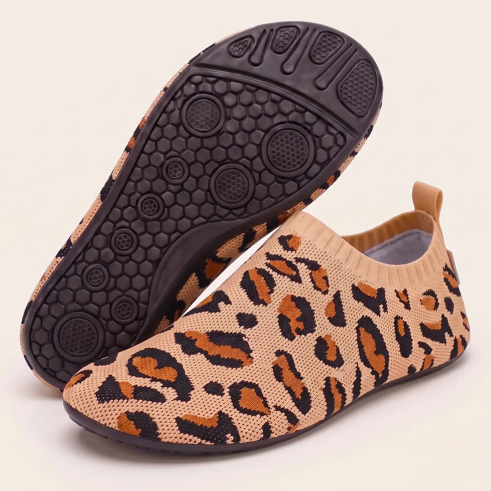 Cloud Sock Shoes in Leopard Brown, rubber grip sole and knit upper